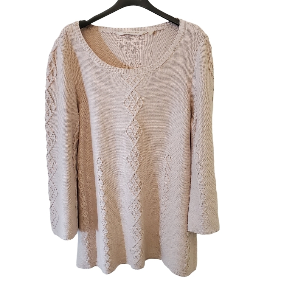 Soft Surroundings Small Cotton Blend Vertical Lattice Pattern Oatmeal Sweater